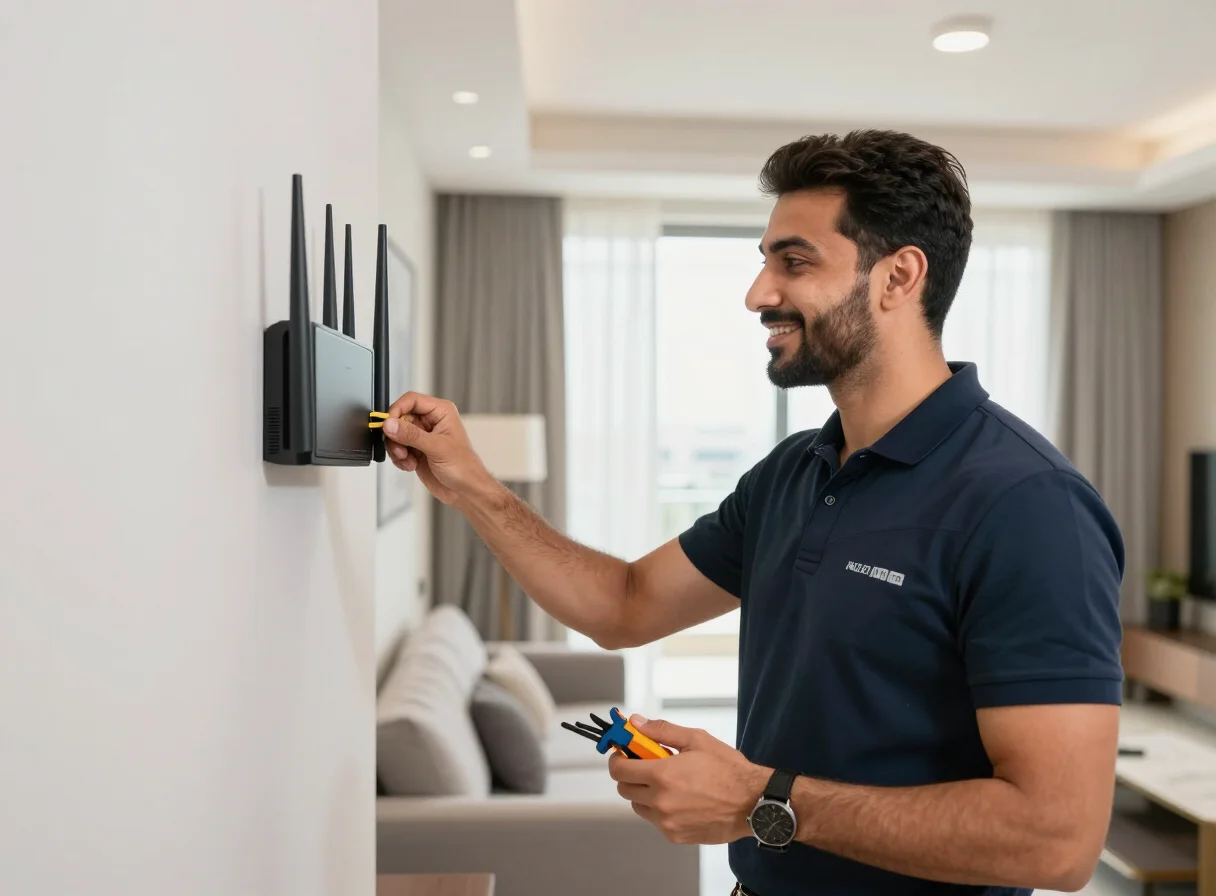 فني يقوم بتوصيل جهاز راوتر للإنترنت المنزلي